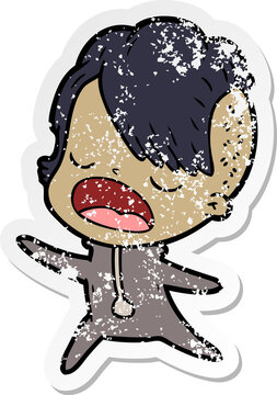 distressed sticker of a cartoon cool hipster girl talking