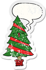 cartoon christmas tree and speech bubble distressed sticker