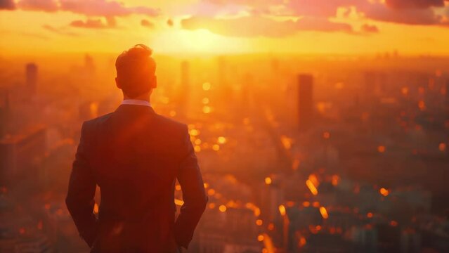 Silhouette of a businessman looking over the urban cityscape during a vibrant sunset, contemplating the day's achievements.
