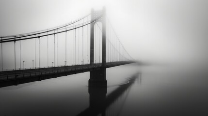 A captivating black and white image of a bridge vanishing into dense morning fog, creating a tranquil and mysterious atmosphere.