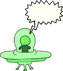 comic book speech bubble cartoon alien in flying saucer