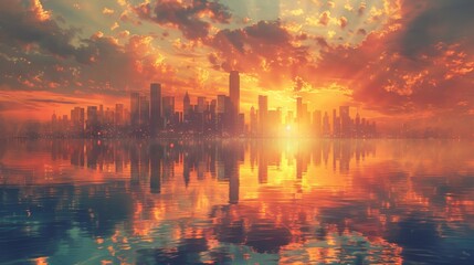 A breathtaking city skyline under a fiery sunset sky, with the vivid colors mirrored on the calm water surface.