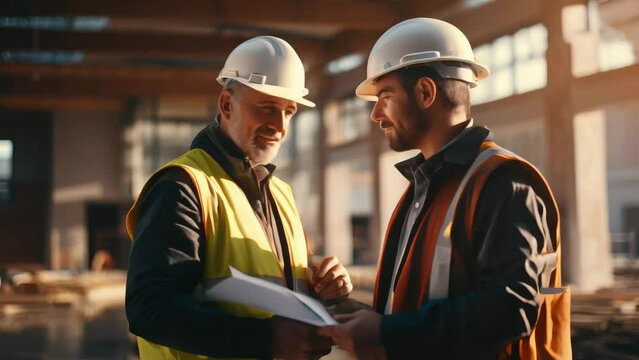 Two construction managers in hard hats and reflective vests engaged in a serious discussion over blueprints on a construction site.
