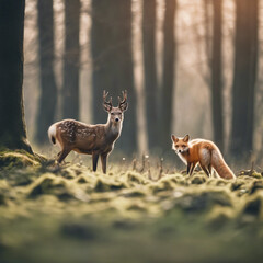 Hirsch und Fuchs stehen im Wald