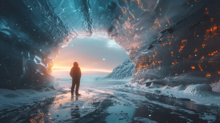 Man standing under an opening in the ice cave while walking beneath a glacier: iceland. - obrazy, fototapety, plakaty