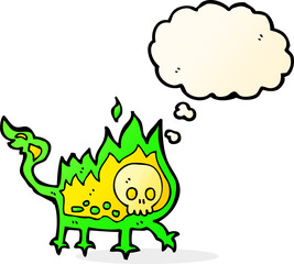 cartoon little fire demon with thought bubble