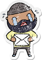 distressed sticker of a cartoon bearded man crying