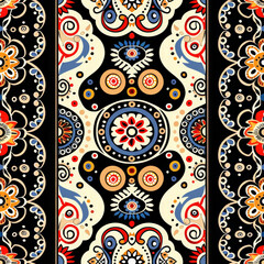 A colorful patterned carpet with a flower design