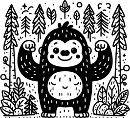 gorilla, orangutan, in cute animal doodle cartoon, children mascot drawing, outline,

