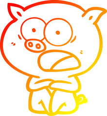 warm gradient line drawing shocked cartoon pig sitting down