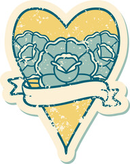 distressed sticker tattoo style icon of a heart and banner with flowers