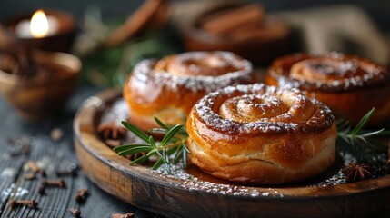 Traditional Swedish cardamom and cinnamon buns. Delicious Swedish traditional cinnamon rolls. Scandinavian cuisine.