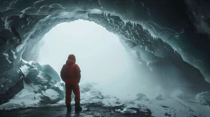 Man standing under an opening in the ice cave while walking beneath a glacier: iceland.