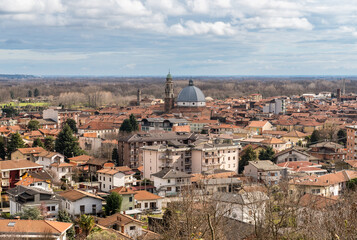 Obraz premium Top view on the Gattinara city with the parish church of San Pietro Apostolo, province of Vercelli, Piedmont, Italy