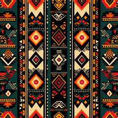 A colorful patterned design with a mix of red, yellow, and black colors