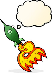 cartoon space rocket with thought bubble