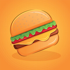 Vector cartoon bright color burger in a flat style on an orange background wallpaper, tshirt print design illustration. Vector cute hamburger art