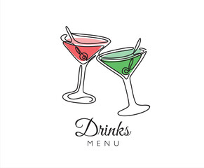 Drinks menu. Continuous one line drawing of glasses with cocktails. Illustration with quote template. Can used for logo, banner, booklet, flyer, brochure
