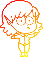 warm gradient line drawing cartoon elf girl staring