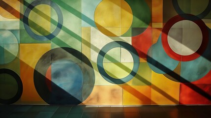 Playful circles and squares dancing in a choreographed display, casting dynamic shadows on a canvas of vivid and muted colors.