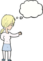 cartoon woman gesturing with thought bubble