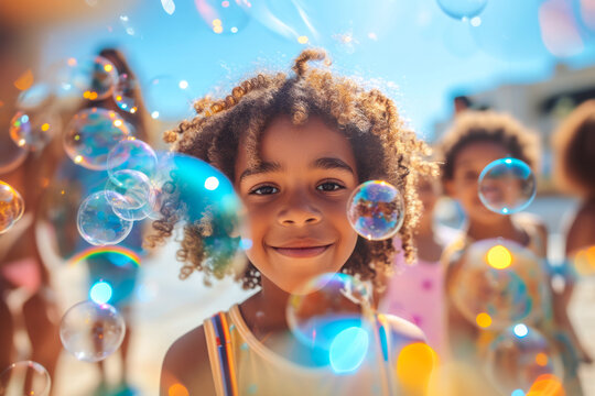 Portrait a child smiling among soap bubbles.
A joyful child surrounded by colorful soap bubbles.