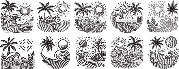 tropical paradise landscapes, palm trees, sun, ocean waves for relaxation and vacation in black vector - obrazy, fototapety, plakaty