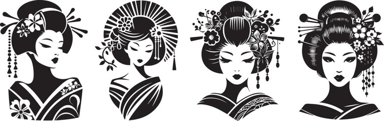 geisha portraits adorned with flowers, delicate beauty in black vector - obrazy, fototapety, plakaty
