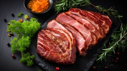 Delicious grilled ham from above, freshly prepared with a sweet touch, tempting and mouthwatering. - obrazy, fototapety, plakaty