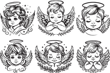 cherubic children, angelic little ones in black vector laser cutting engraving