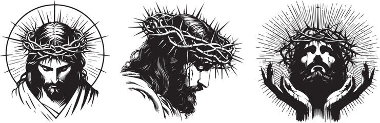 Jesus Christ portrait exudes peace and love, peace and hope, religious black and white vector - obrazy, fototapety, plakaty