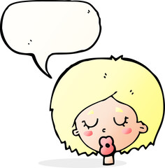 cartoon woman with eyes closed with speech bubble