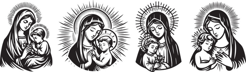 virgin mary and baby jesus, motherly love in black vector laser cutting engraving - obrazy, fototapety, plakaty
