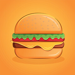 Vector cartoon bright color burger in a flat style on an orange background wallpaper, tshirt print design illustration. Vector cute hamburger art