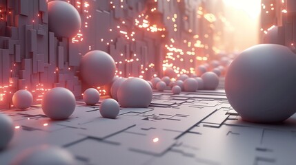 Abstract 3D Render of Spheres and Glowing Circuitry, Futuristic Technology Concept