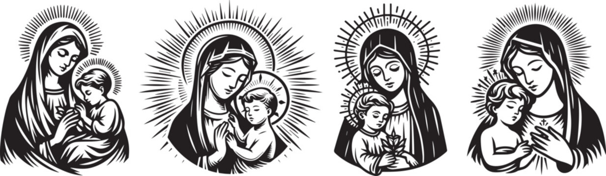 virgin mary and baby jesus, motherly love in black vector laser cutting engraving