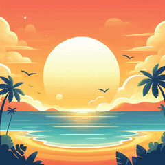 Fototapeta na wymiar Free vector Sunset sky background with sea and beach flat vector illustration
