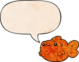 cartoon fish and speech bubble in retro texture style