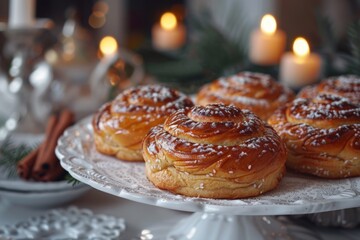Traditional Swedish cardamom and cinnamon buns. Delicious Swedish traditional cinnamon rolls. Scandinavian cuisine.