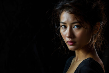 Fototapeta premium Portrait against a deep black backdrop, adding intensity and contrast to the subject's features.
