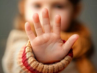 Child's Hand in Focus: Gesture of Stop, with Blurred Young Face in Background