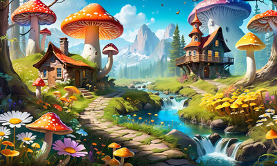 A vibrant, fantasy-themed scene featuring mushroom houses by a stream with mountains in the background. The atmosphere is enchanting and surreal.