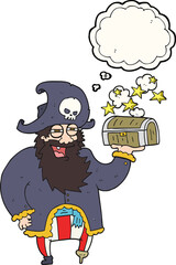 thought bubble cartoon pirate captain with treasure chest