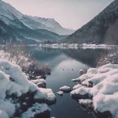 Winterlandschaft am See mit Bergen