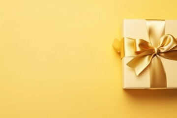 Luxurious gift box with a golden satin ribbon on a bright yellow base.
