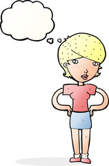 cartoon woman with hands on hips with thought bubble