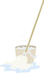 flat color illustration of a cartoon mop and bucket