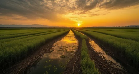 Foto op Canvas  Sunset over a serene rice paddy © vivekFx