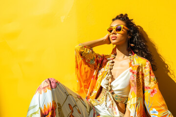 Fashion woman portrait photo shoot featuring bold yellow background.