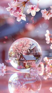 Crystall Ball with house view inside spring flower cherry blossom spring